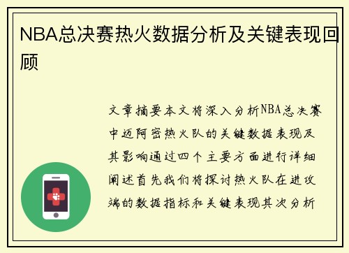 NBA总决赛热火数据分析及关键表现回顾